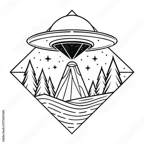 an illustration of a flying saucer with trees and mountains