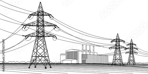 High voltage electricity transmission towers, power plant with chimneys, industrial energy infrastructure, electrical grid system, renewable energy concept, electricity distribution network,