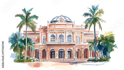 Teatro Amazonas. Teatro Amazonas hand drawn watercolor illustration