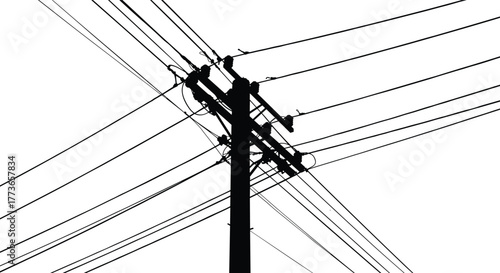 Silhouette utility pole, power lines network, electricity distribution, urban infrastructure, high voltage cables, energy grid, industrial structure, electrical engineering, city skyline