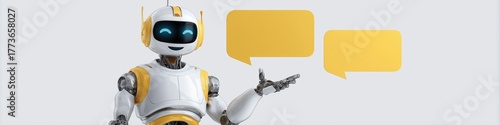Friendly yellow-and-white robot with speech bubbles in conversation pose