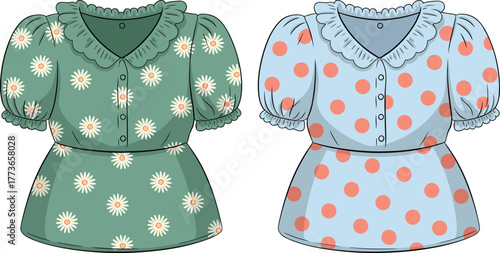 Women’s fashion blouse, puff sleeve top, floral daisy pattern, polka dot shirt, ruffle neckline, button front, stylish summer clothing design vector illustration