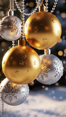 Close-up of hanging golden and silver Christmas ornaments, stars and snowflake patterns