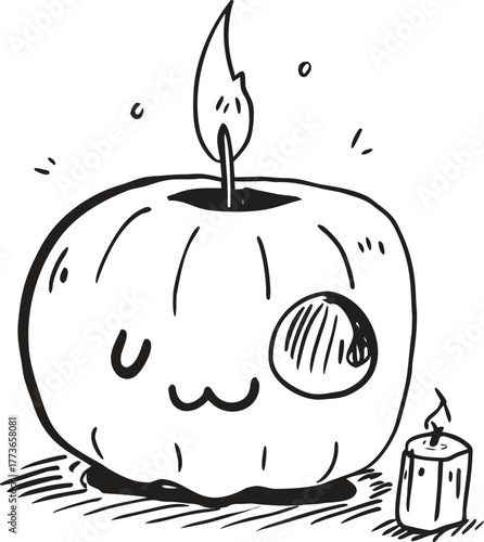 Cute hand-drawn monochrome illustration of a smiling pumpkin-shaped candle burning brightly alongside a small pillar candle, suitable for autumn and halloween designs.