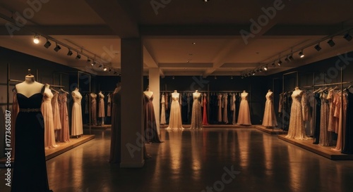 Boutique interior gowns displayed on mannequins, lit by track lighting