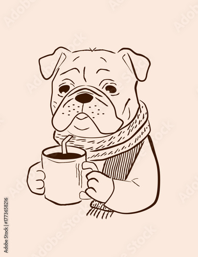 
A sketch of a bulldog wearing a scarf and holding a coffee mug is perfect for a logo or branding. This sweet, playful animal illustration is perfect for cozy, friendly, and approachable designs.