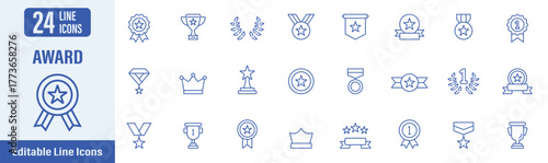 Award web icons in line style. Contains icons award, reward, trophy, medal, badge, cup, gift, champion and more. Vector illustration.