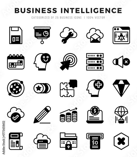 Set of Business Intelligence Icons Lineal Filled icons collection.