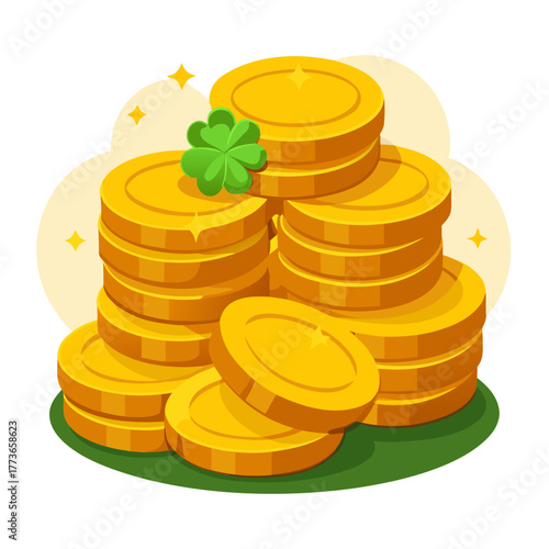 Gold coins stacked with clover leaf on green background  