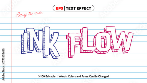 Ink flow text effect editable vector design with blue and red hand-drawn style on lined notebook paper background