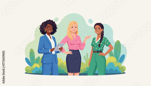Diverse professional women standing confidently Teamwork female leadership and empowerment concept