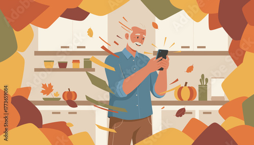 Happy senior man using phone at home in autumn kitchen illustration