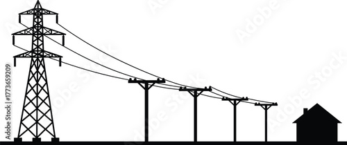 High voltage transmission tower, electrical power lines, utility poles, energy distribution infrastructure, electricity supply to residential house, grid connection, rural power delivery system