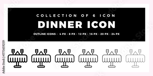 Collection of 6 Dinner Icons. Outline Table Setting Vector Graphics