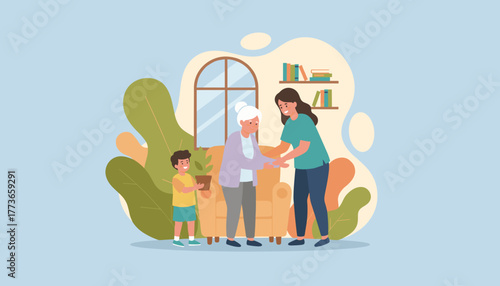 Illustration of three generations senior woman adult daughter and child showing love and support at home