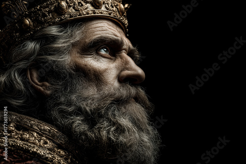 king with golden crown and royal robe, modern portrait, elegant lighting, dark blend edges, dark blending, no background