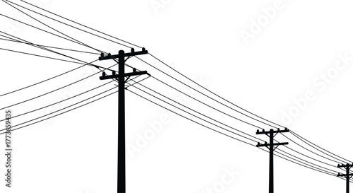 Utility poles, power lines, electricity distribution, infrastructure, silhouette, perspective, engineering, urban, rural, high voltage, energy, grid, technology, industrial, network, transmission,