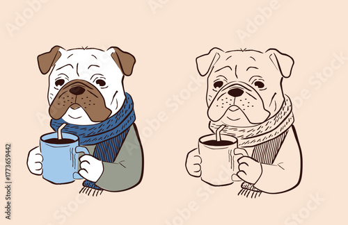 
A sketch of a bulldog wearing a scarf and holding a coffee mug is perfect for a logo or branding. This sweet, playful animal illustration is perfect for cozy, friendly, and approachable designs.