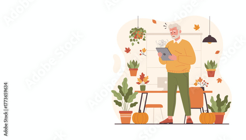 Stressed senior man having trouble with technology in a fallthemed home office