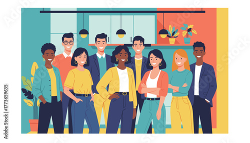 Diverse smiling professional team standing confidently in a modern office environment