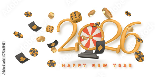 Golden Casino New Year 2026 Design With Dice, Chips, And Roulette Wheel. Festive Gambling Concept For Lucky Celebration And Holiday Party Theme. Elegant 3D Vector Illustration