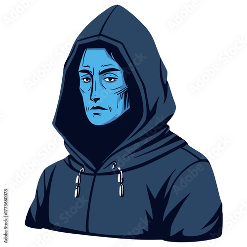 Humanoid Android with Digital Face and High Tech Hooded Cloak | Futuristic Cyberpunk Robot Character Design | Mysterious Android in Glowing Tech Hood | Sci Fi Humanoid Figure with Digital Mask 