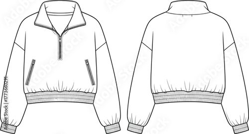 Women’s half zip pullover sweatshirt flat sketch, long sleeve ribbed hem design, front and back vector illustration, CAD apparel fashion template