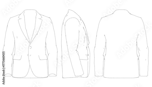 Three tailored men's blazers in a formal suit set contour drawing. Each single-breasted blazer features a notched lapel, two buttons, and flap pockets. The classic look is crafted from.