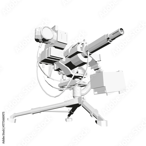 Modern heavy machine gun with animated targeting system rotates dynamically on a clean white background.