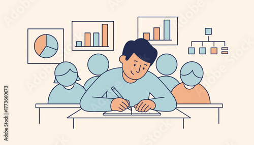 A student busily taking notes during a lively classroom discussion with engaging visuals and charts on the walls to enhance learning.