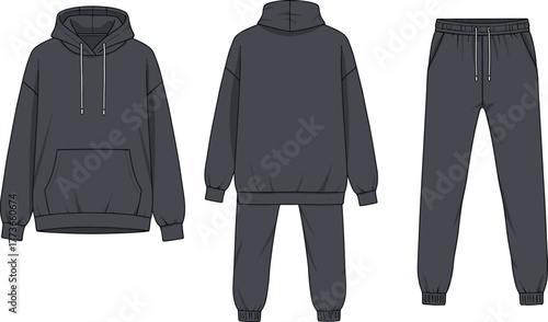 Hoodie front and back technical fashion flat sketch, sweatpants jogger template, apparel design vector illustration, clothing mockup, garment construction drawing, unisex sportswear outfit