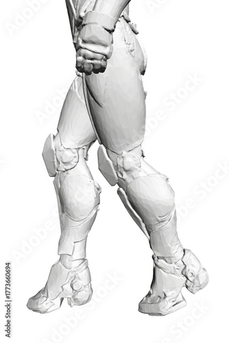 Polygonal cyber warrior woman in white shirt and black pants stands against a white background. She features intricate armor, detailed weapons, and sharp facial features.