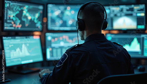 Police officer wears headset, monitors multiple computer screens with data and maps in a dimly lit command center. Focuses intently on emergency response operations during late night shift.
