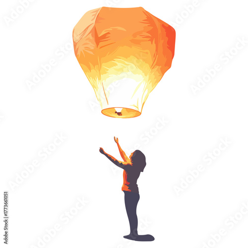 a person releasing a sky lantern, asia, festival, lantern festival, transparent background, vector.