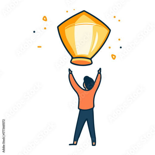 a person releasing a sky lantern, asia, festival, lantern festival, transparent background, vector.