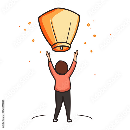 a person releasing a sky lantern, asia, festival, lantern festival, transparent background, vector.
