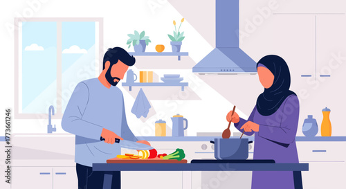 Modern Muslim couple cooking healthy meal together in bright kitchen, preparing fresh vegetables and enjoying quality time, promoting family wellbeing