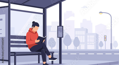Enjoying a good book while waiting at the bus stop with a cityscape backdrop, perfect for urban lifestyle and quiet moments ads