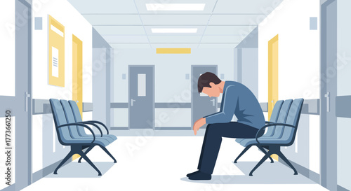 Heartbreaking scene of a man anxiously awaiting news in a hospital waiting room, capturing feelings of worry, uncertainty, and the weight of anticipation