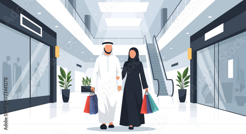 Elegant Arabian couple enjoying modern shopping experience with colorful bags in contemporary mall setting, embracing tradition and lifestyle