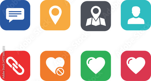 Social interaction icon set, colorful square buttons with communication, location, and emotion symbols for app UI and web templates