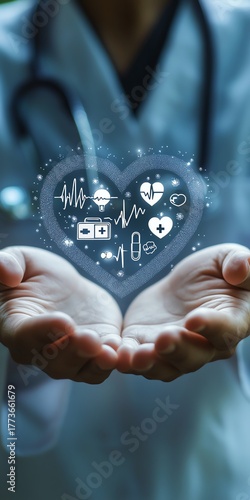 Hand choosing a healthcare medical icon, representing health insurance, access to services, and welfare, with clean copy space for additional messaging