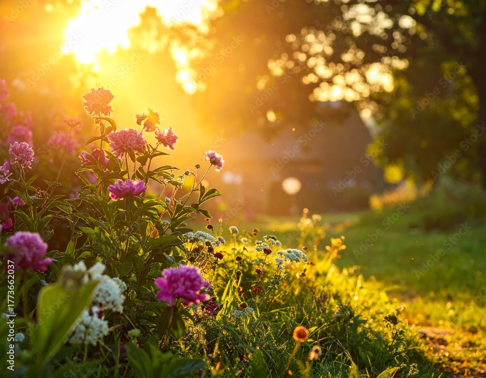Obraz premium flowers and plants in the garden at sunset