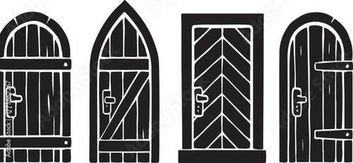 set of medieval door silhouettes in filled black on a white background.