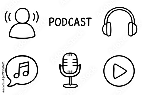 Podcast doodle icon set - audio recording and broadcasting symbols. Vector stock
