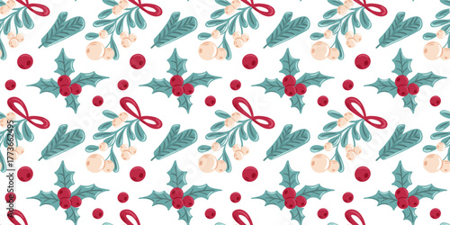 Seamless pattern of mistletoe, holly, and spruce branches. Perfect for vector illustration, it features light-green outlines, clean lines, and a minimalist style.