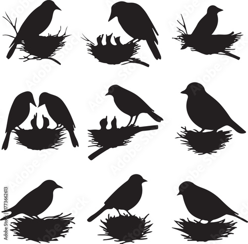set of bird nest silhouettes in solid black.