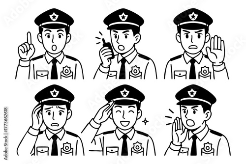Police man character icon in japan doodle hand drawn style. Vector stock