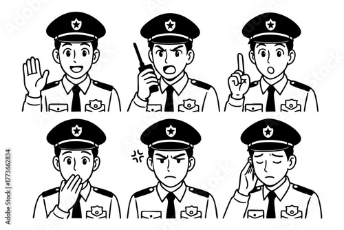 Police man character icon in japan doodle hand drawn style. Vector stock