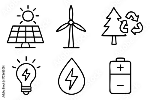 Renewable energy doodle icon set - Sustainable and eco-friendlypower solutions. Vector stock